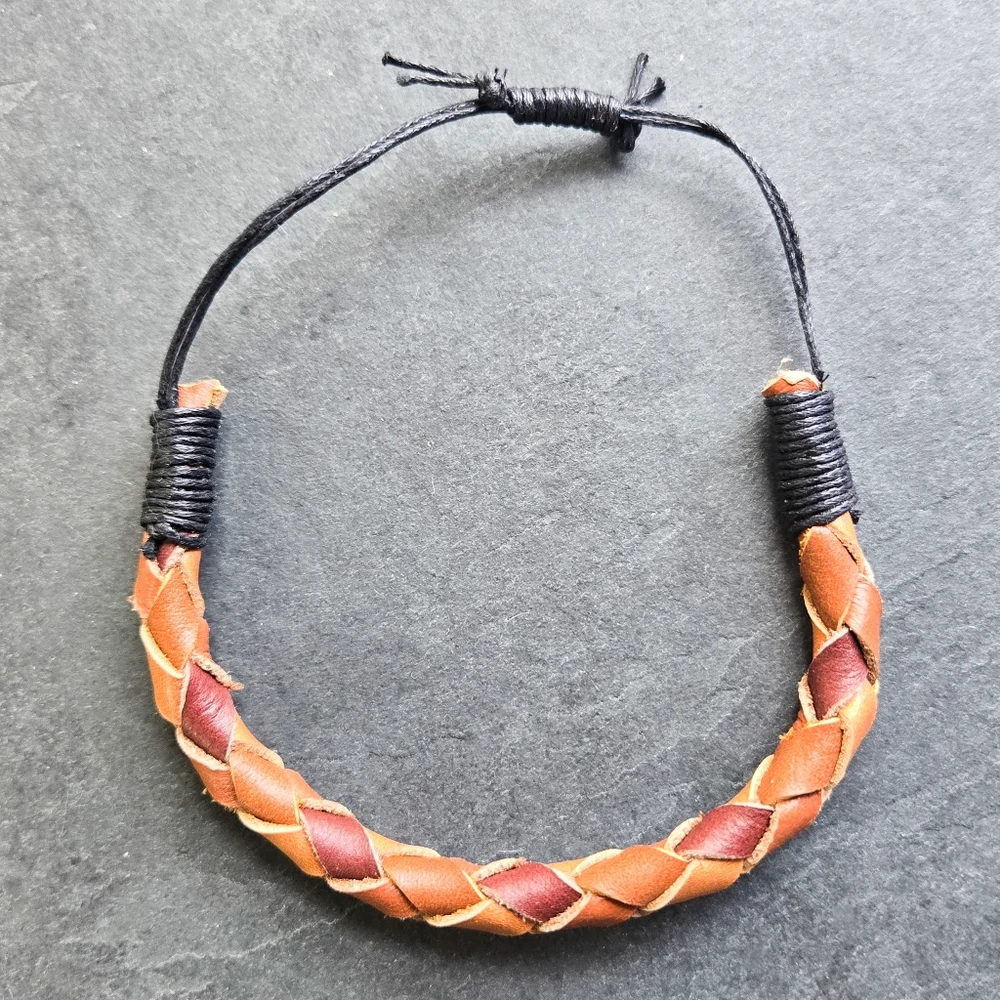 NWT Handmade Reclaimed Leather Braided Bracelet, Tan & Brown